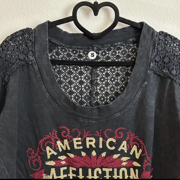NWOT Affliction Black Mineral Washed Jeweled Graphic Crochet Cotton Top Size S - Picture 4 of 9
